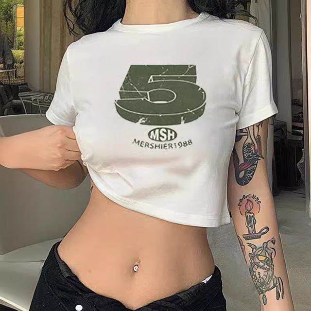 Wholesale Y2K Graphic Tee Women American Retro Letter Print Crop Top Sexy Slim Fit Short Sleeve T-shirt Number 5 Streetwear