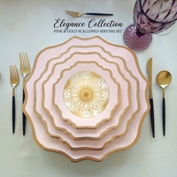 Ensemble d'assiettes en céramique pour mariage, bordure rose doré, motif tournesol, assiette de table, accessoire de photographie, vente en gros