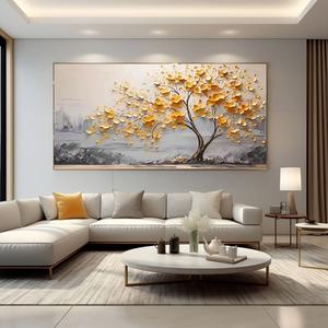 Cuadro de arte moderno con marco de lienzo, pintura al óleo sobre yeso acrílico con árbol dorado texturizado grande para pared sobre la cama, para el hogar y la galería - Product Image 6