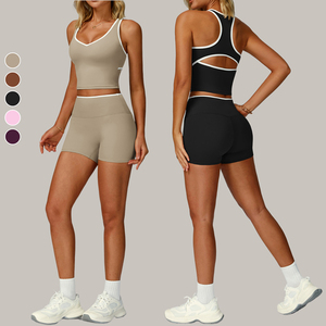 Ensemble de yoga 2 pièces respirant <span class=keywords><strong>pour</strong></span> femme, imprimé color block, débardeur dos évidé, taille haute élastique, col en V profond, séchage rapide - Product Image 1
