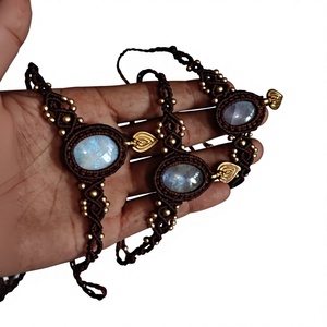 Handmade Brown Macrame Butterfly <b>Bracelet</b> with Moonstone Boho <b>Gold</b> <b>Beaded</b> Adjustable Cuff for Unisex - Product Image 1
