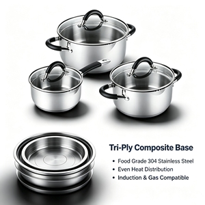 Ensemble de casseroles en acier inoxydable de qualité supérieure, avec couvercles en verre, poignées en silicone, compatibles induction et gaz, lavables au lave-vaisselle - Product Image 3