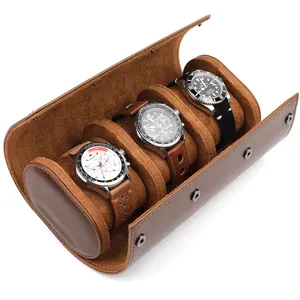 3 Slots Watch Roll Travel Case Chic Portable Vintage Leather Display Watch Storage Box with Slid in Out Watch Organizers