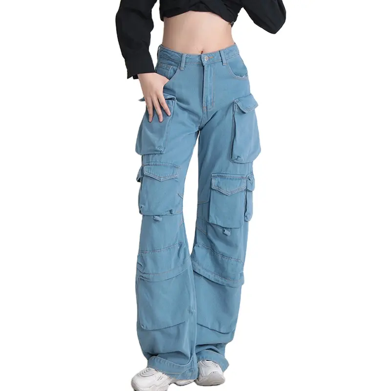 TWOTWINSTYLE Großhandel Patchwork Taschen Denimhosen hohe Taille Split Button Jeans für Damen