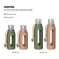 Bouteille d'eau en verre borosilicate avec couvercle en acier inoxydable, manchon en silicone, réutilisable, écologique, avec sangle de transport, pour la salle de sport