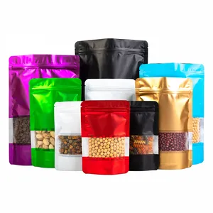 Bolsa de folha de alumínio para embalagens de alimentos, com zíper de plástico para lanches, com acabamento fosco, bolsa de pé com janela transparente, fornecedor de estoque