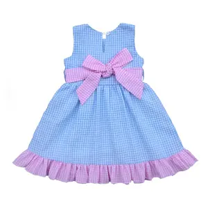 Tùy Chỉnh Kẻ Sọc Seersucker Litter Cô Gái Không Tay Lounge Belt Ruffle Hem Dễ Thương Dresses Với Lót