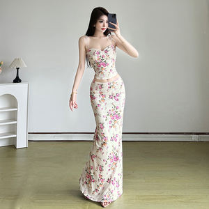 Low Rise <b>Maxi</b> <b>Skirt</b> <b>and</b> Skinny <b>Crop</b> <b>Top</b> Set Spring Floral Casual Two Piece Knitting Outfit - Product Image 5