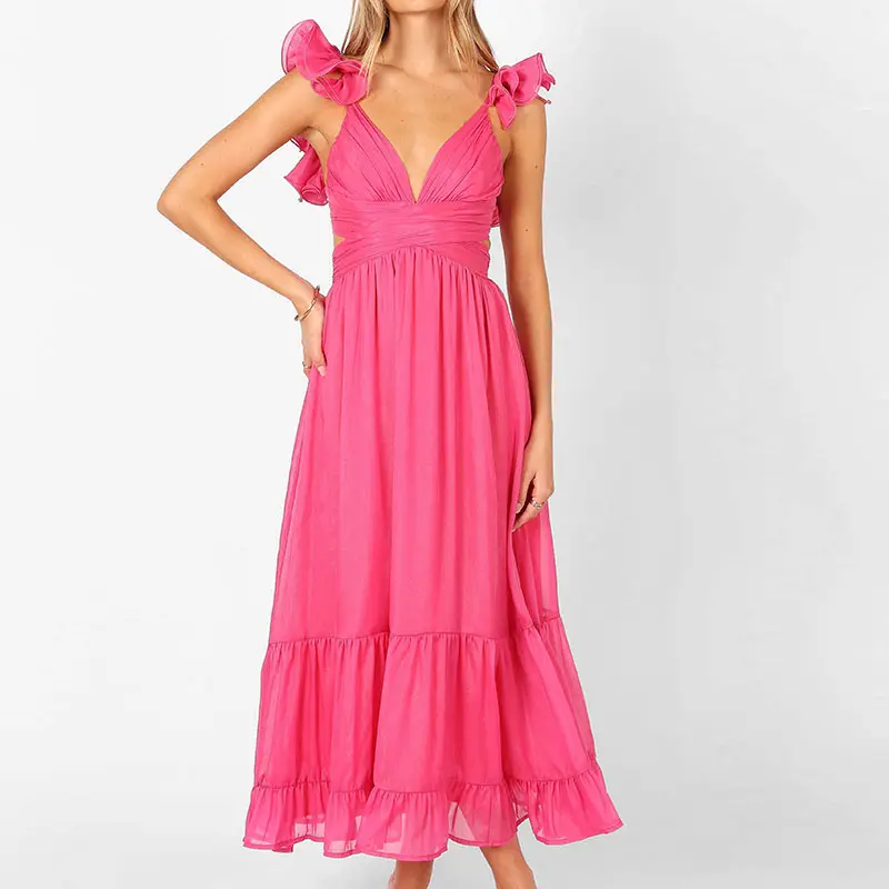 Lady Sexy Deep V Neck Sleeveless Lined Lace-up Back Tiered Hem A-line Breathable Party Maxi Women's Dresses