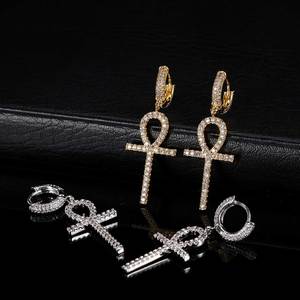 New Hip Hop Gold Statement Hoop Earrings Bling Iced Out Zircon Round Cross Diamond <b>Stud</b> Earrings Set Jewelry for Men Women Gift - Product Image 1
