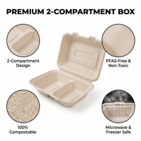 Bulk verpakte, magnetronbestendige bagasse voedselcontainer met 2 compartimenten, composteerbaar voor supermarkt en delicatessenwinkel