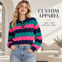 Pull court à manches longues en maille côtelée à rayures ondulées et blocs de couleur personnalisés, col polo boutonné, pour tenues décontractées féminines
