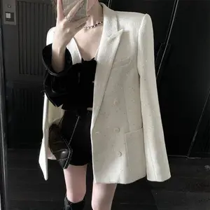 Wholesale 2024 Autumn/Winter New Commuter Black and White Sequin Double Breasted Fleece Suit Women's Coats