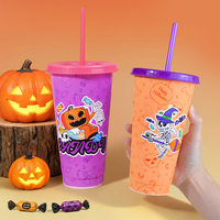 Gobelet en plastique réutilisable de 24 oz à changement de couleur pour Halloween, avec couvercle et paille, pour fêtes à thème fantôme, vente en gros, idéal pour la collecte de bonbons ou de farces.