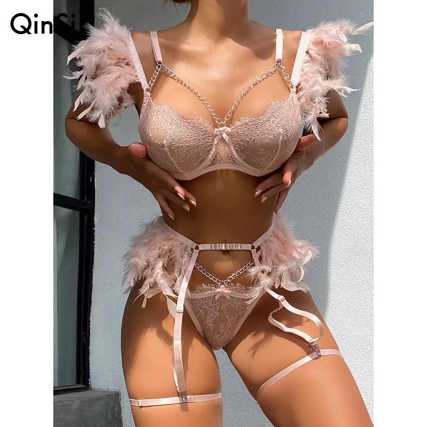 Bclout Luxury Erotic Sets Delicate Underwear Sexy Transparent Lace Bra Set with Chain Feathers Lingerie Set Woman 3 Pieces