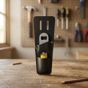 Porte-outils en cuir noir avec poche et ouvre-bouteille pour usage en atelier - Product Image 3