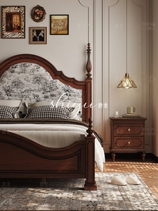 Lit double Shiyu Moll en bois massif noir, style rétro américain, colonnes romaines, 1,8 mètre, avec tête de lit capitonnée française, en bois massif américain - Product Image 2