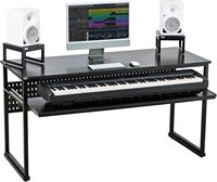 Music Recording Studio Desk with Piano Keyboard Tray, Recording Studio Workstation Table with Stands, Bottom Shelf