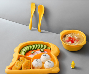 Ensemble de vaisselle pour enfants, bols, assiettes, cuillères, fourchettes, vaisselle divisée, assiette à nourriture, lavable au lave-vaisselle, sain et mignon, motif dinosaure - Product Image 1