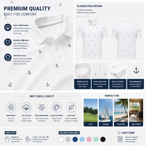 Custom Logo <b>Golf</b> <b>Polo</b> Shirts for Men <b>White</b> Textured Anchor Print Short Sleeve Private Label OEM ODM Manufacturer - Product Image 2