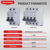 Disjoncteur miniature DC Westhomes 4P 6-80A avec protection contre les surcharges et les courts-circuits 10kA courbe C
