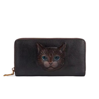 Dompet Fashion Portabel Mewah Unisex Kulit Asli Motif Hewan Desain Kucing Penutup Ritsleting Tempat Kartu Multi-Slot