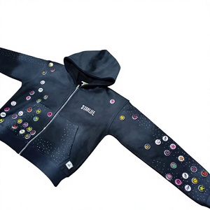 Unisex Heavyweight <b>Black</b> Zip Up <b>Hoodie</b> with Decorative Pins Rhinestone Accents Streetwear Fashion Jacket - Product Image 1