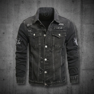Veste en jean noire pour homme de haute qualité, design unique avec patchwork sur les manches, style streetwear premium, effet usé, 100% HME - Product Image 2