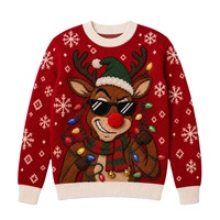 Pull tricoté homme Noël motif renne Rudolph lumières colorées col rond hiver Xmas Ugly Knitted