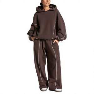 Chándal con Capucha para Mujer, Color Marrón, Corte Holgado, Manga Larga, Color Sólido, Cintura Elástica, Bolsillos Laterales, 100% Algodón, Ropa de Otoño - Product Image 1
