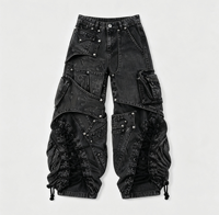 SOONREE Jeans Cyberpunk personnalisés pour hommes, pantalon en denim noir à lacets et cloutés, Techwear, fabrication directe d'usine, coupe large, streetwear