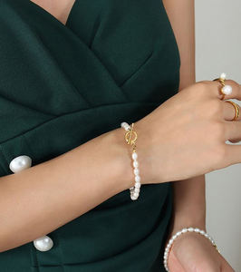 חדש צמיד זהב 18K מצופה זהב 18k אבזם פלדה פנינים טבעיות מים מתוקים ערכת תכשיטי כלה - Product Image 5