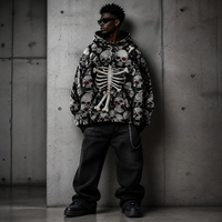 Sweat à capuche zippé RAMAX Skeleton Skull pour homme, en coton épais, imprimé intégral, style streetwear Y2K, coupe oversize, vente en gros, fournisseur d'usine