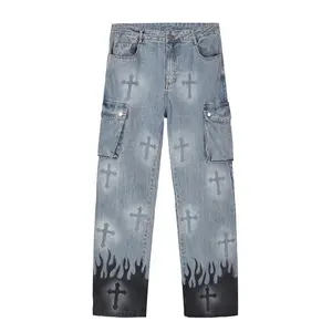 Benutzer definierte Y2K Denim Cargo Jeans Herren Harajuku Cross Print Gewaschene Baggy Jeans Gerade Hose Taschen Hosen