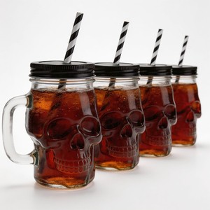 Venta al por mayor: Vaso de vidrio reutilizable de 16 oz con <span class=keywords><strong>boca</strong></span> ancha, diseño de calavera, tipo Mason Jar, taza de cerveza, botella de vidrio con asa - Product Image 1