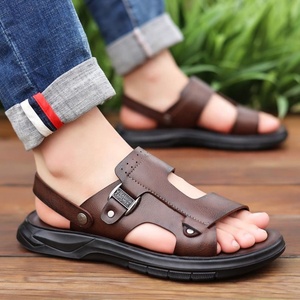 Sandales d'extérieur pour hommes, été, bout ouvert, semelle en caoutchouc, semelle intermédiaire en EVA, décontractées, à enfiler, dessus en cuir véritable, motif léopard, antichoc - Product Image 4