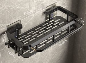 Estante de ducha de doble capa de aluminio espacial, estante de almacenamiento de baño de fácil instalación, estante montado en la pared con barra colgante - Product Image 5