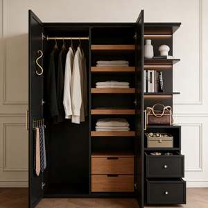 Armoire encastrée moderne et sombre avec éclairage LED, quincaillerie en laiton, rangement ouvert, meubles en bois pour chambre à coucher - Product Image 6