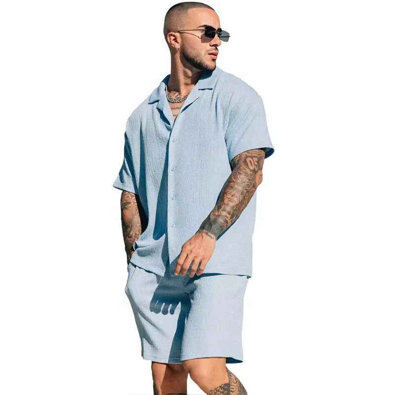 mens summer Europe America fast dry short sleeve plus size custom logo he-man elastane fabric 2pcs set shirt and shorts for man