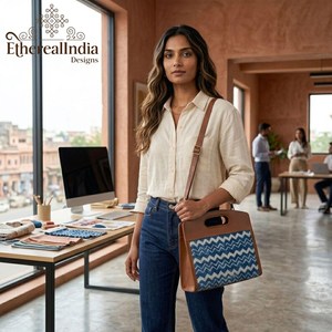 Bolso para portátil de tela indigo ikat hecho a mano, de algodón, tipo tote para oficina, con correa de cuero, bandolera, para trabajo, proveedor mayorista, exportación India - Product Image 3