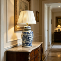 Lampe de style antique Phénix Chinoiserie, lampe de table en pot de gingembre bleu et blanc pour console de salon