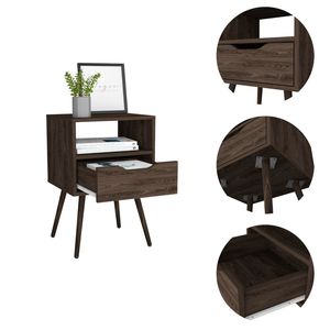 Otom Nightstand Dark Walnut One <b>Drawer</b> Open Shelf Four Legs <b>Storage</b> <b>Drawer</b> Bedroom Furniture - Product Image 3