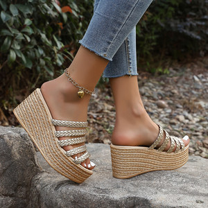 Sandales compensées à bout ouvert pour femmes, avec lanières tressées, style <span class=keywords><strong>espadrille</strong></span>, chaussures décontractées d'été pour dames - Product Image 4