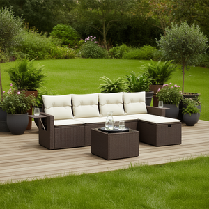 Ensemble de canapés de jardin en rotin brun avec coussins crème, mobilier d'extérieur, design contemporain, résistant à l'eau - Product Image 2