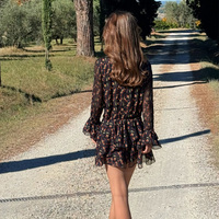 Robe Courte Tricotée à Col Montant Imprimé Floral 100% Polyester, Manches Bouffantes, Taille Empire, Silhouette Évasée, Tissu Respirant, Idéale pour l'Été