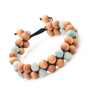 New Tiktok Hot Sales 8mm Wood Beads And Amazonite Stone Double Layers Beaded Woven Mala Bracelets Adjustable Jewelry For Men