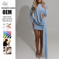 Robe de soirée moulante personnalisée pour femme, mini-robe à manches longues, découpes, garniture en plumes, drapée, scintillante, sexy, pour fête et mode