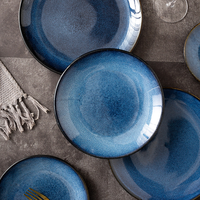 Assiette japonaise écologique en porcelaine, style américain, bleu émaillé, ronde, pour la cuisine, les plats occidentaux, les desserts, les salades, les steaks.
