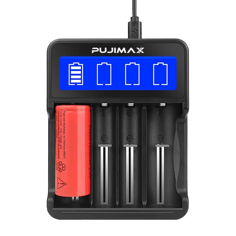 PUJIMAX卸売4スロットデジタルLCDは、バッテリー用ユニバーサル5V急速充電器を示します2665018650 17500 16340 RCR123 A/ AA/ AAA