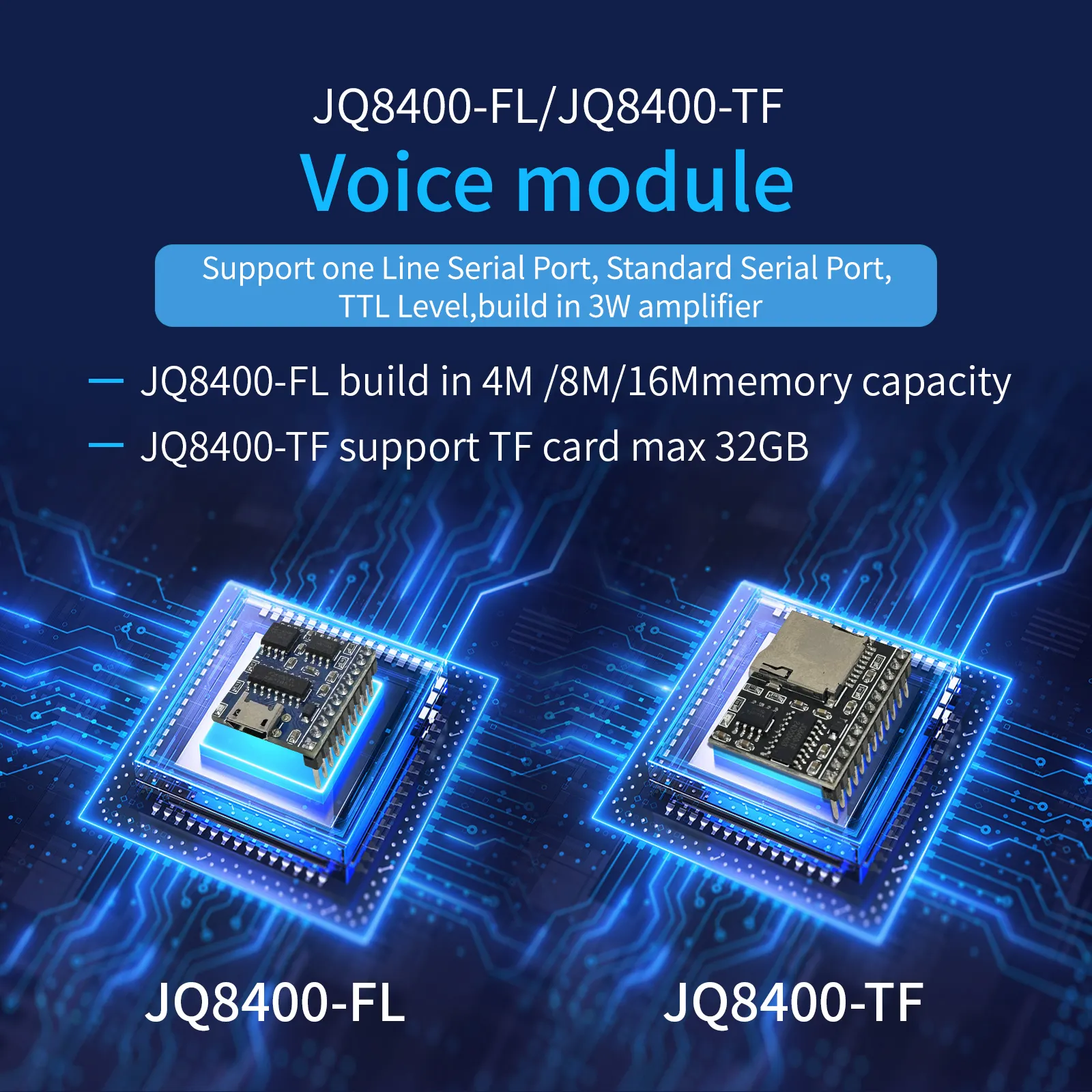3W amplifikatör tek hat seri/TTL kontrolü 4M ile JQ8400-FL-4M USB indirilebilir MP3 ses çalar modülü